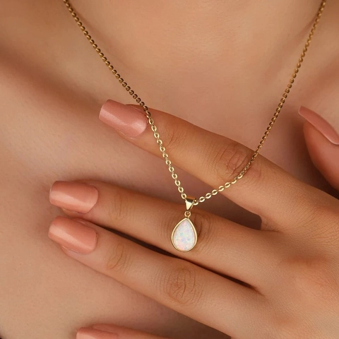 Minimalist Stainless Steel 18K Gold Plated Waterdrop Synthetic Opal Pendant Necklace For Women Fashion Jewelry Gift
