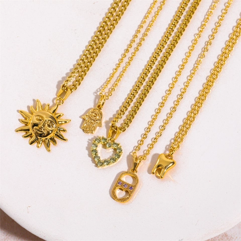 Vintage Roestvrij Stalen Hand Van Fatima Vlinder Zon Hart Tand Hanger Halsketting Voor Dames Goud Strass Ingelegde Schakelketting Sieraden