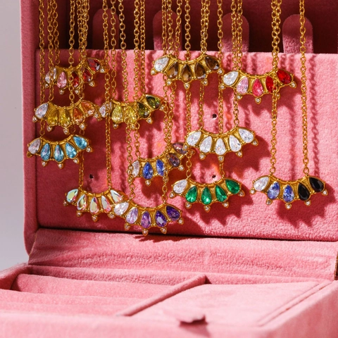 Vintage Stainless Steel 18K Gold Plated Birthstone Zirconia Necklace Ombre Fan Shaped Pendant Necklace For Women Jewelry Gift