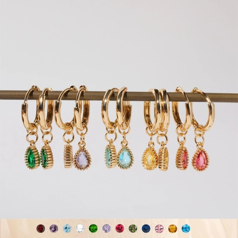 Birthstone Hoop Earrings For Women Copper Gold Plated Teardrop Rhinestone Dangle Earrings With Stainless Steel Earring Post