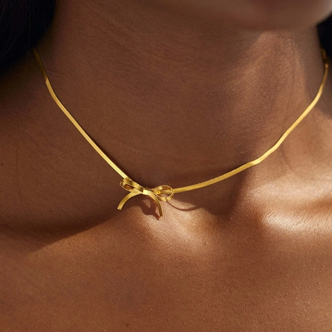 Bow Pendant Necklace Earrings And Ring Stainless Steel 18K Gold Plated Minimalist Choker Snake Chain Elegant Jewelry For Women