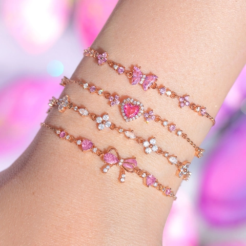 Süße Zirkonia Schleife Herz Schmetterling Anhänger Halskette Armband Für Damen Kupfer 14K Vergoldet Elegantes Schmuckset Geschenk