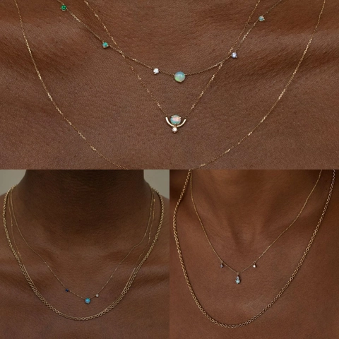 Collana con Pendente in Opale Blu Vintage in Acciaio Inossidabile per Donna Stratificata Placcata in Oro con Zirconia a Stella a Goccia d'Acqua Gioielli Bohemian