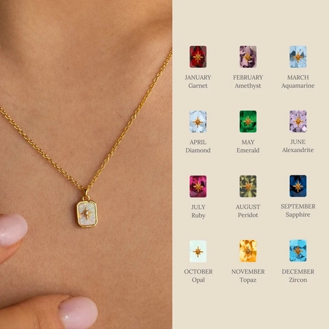 Vintage 18K Gold Plated Stainless Steel Polaris Birthstone Pendant Necklace Rectangle Crystal Star Jewelry For Women Birthday Gift