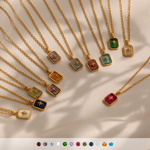 Vintage 18K Gold Plated Stainless Steel Polaris Birthstone Pendant Necklace Rectangle Crystal Star Jewelry For Women Birthday Gift