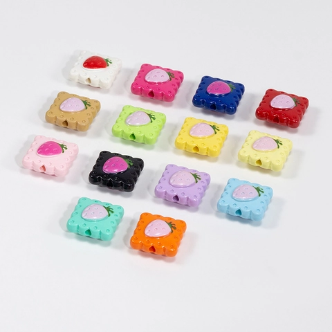 Cute Acrylic Strawberry Fruit Biscuit Beads For DIY Jewelry Making Keychain Accessories Cartoon Square Shaped Spacer Beads
