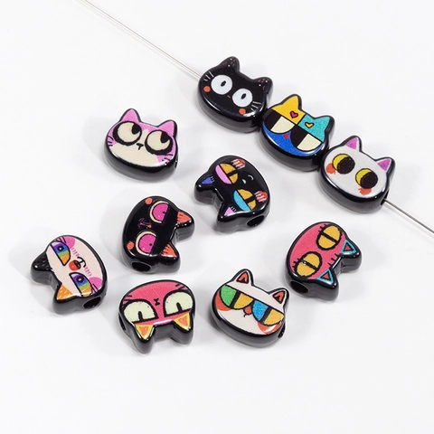 Cartoon Cat Head Acrylic Beads With Through Hole For DIY Jewelry Making Keychain Phone Chain Accessories Craft Beads