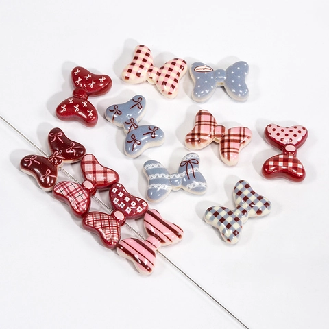 Acrylic Bowknot Beads For DIY Jewelry Making Multicolor Checkered Polka Dot Pattern Bow Tie Spacer Beads For Jewelry