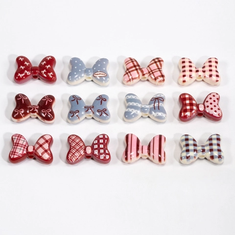 Acrylic Bowknot Beads For DIY Jewelry Making Multicolor Checkered Polka Dot Pattern Bow Tie Spacer Beads For Jewelry
