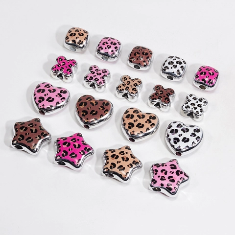 Leopard Print Acrylic Star Heart Beads For DIY Jewelry Making Alloy Edging Large Hole Beads For Phone Chain Keychain Accessories
