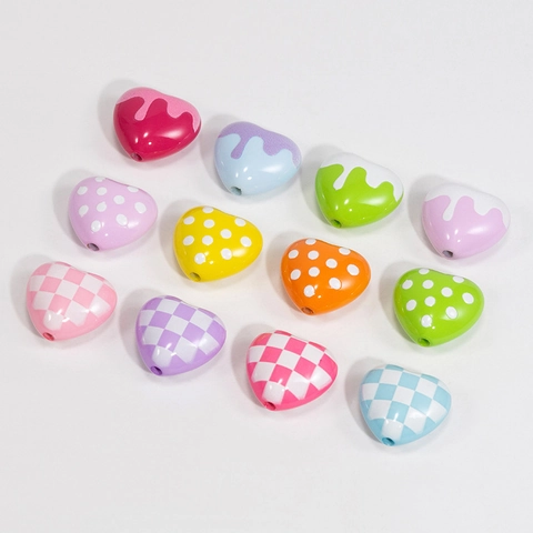 Colorful Acrylic Heart Beads Checkerboard Polka Dot Glazed Beads For DIY Jewelry Making Necklaces Keychain Accessory