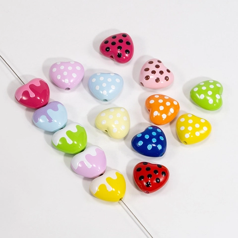 Colorful Acrylic Heart Beads Checkerboard Polka Dot Glazed Beads For DIY Jewelry Making Necklaces Keychain Accessory