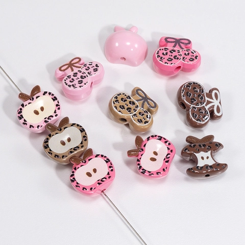 Leopard Print Acrylic Fruit Beads Apple Cherry Apple Core DIY Jewelry Accessories Painted Fruit Shaped Loose Beads For Phone Keychain