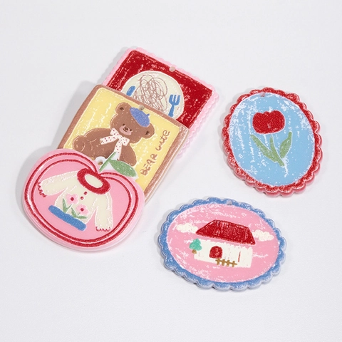 Acrylic Oil Painting Cartoon Pendants DIY Charms For Keychain Phone Strap Bear Flower House Pattern Printed Accessories