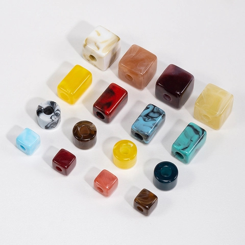 DIY Acrylic Marble Pattern Large Hole Beads Retro Painted Square Cylindrical Geometric Loose Beads Jewelry Accessories