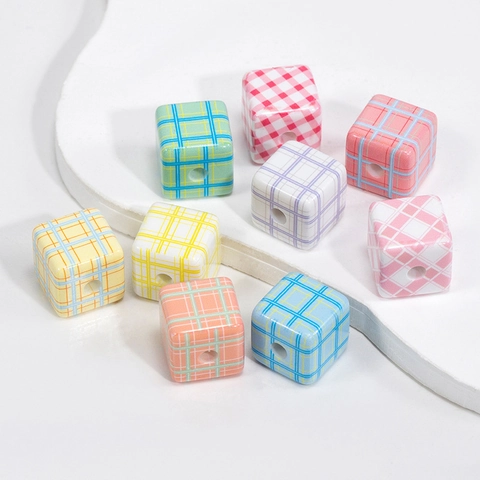 Checkered Acrylic Cube Beads Colorful Plaid Square Spacer Beads For DIY Jewelry Making Phone Chain Keychain Accessories