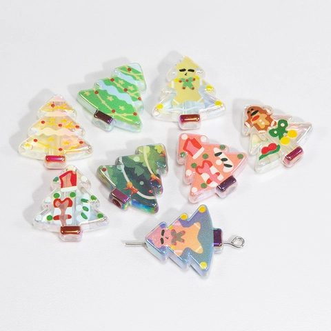Iridescent Acrylic Christmas Tree Loose Beads For DIY Jewelry Making Gingerbread Man Snowman Patterns Festival Accessories
