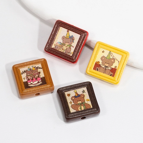 Cartoon Bear Square Acrylic Loose Beads For DIY Jewelry Making Phone Chain Keychain Accessories Vintage Printed Beads