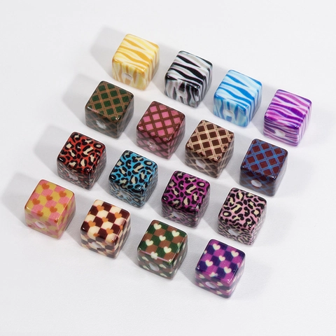 Acrylic Leopard Zebra Checkerboard Pattern Cube Beads For Jewelry Making DIY Phone Charm Keychain Craft Decorative Loose Beads