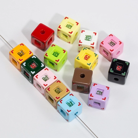 Mahjong Inspirierte Acryl Bunte Quadratische Perlen Für DIY Schmuckherstellung Chinesische Schriftzeichen Glück Perlen Schlüsselanhänger Teile