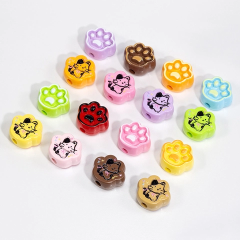 Painted Printed Cat Paw Kitty Acrylic Loose Beads For DIY Jewelry Making Phone Chain Pendant Cute Cartoon Animal Craft Beads