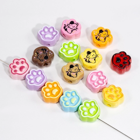 Painted Printed Cat Paw Kitty Acrylic Loose Beads For DIY Jewelry Making Phone Chain Pendant Cute Cartoon Animal Craft Beads