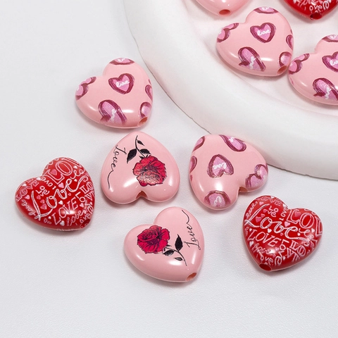 Heart Shaped Acrylic Beads Rose Flower Love Letter Printed Loose Beads For DIY Bracelet Necklace Jewelry Making Crafts Supplies