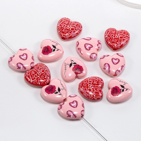 Heart Shaped Acrylic Beads Rose Flower Love Letter Printed Loose Beads For DIY Bracelet Necklace Jewelry Making Crafts Supplies