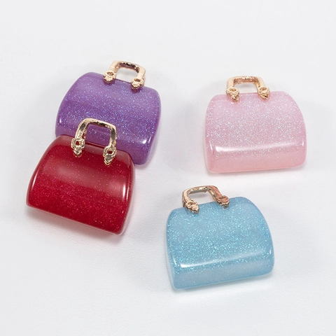 Mini Handbag Shape Acrylic Resin Pendants Glitter DIY Jewelry Making Accessories Gold Alloy Handle Bag Charms Keychain