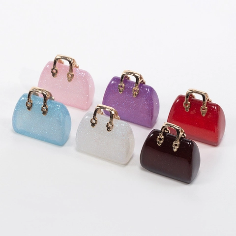 Mini Handbag Shape Acrylic Resin Pendants Glitter DIY Jewelry Making Accessories Gold Alloy Handle Bag Charms Keychain