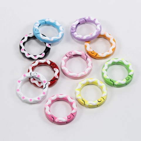 Painted Polka Dot Round Spring Gate Rings Alloy Carabiner Connectors Creamy Style DIY Keychain Jewelry Making Findings