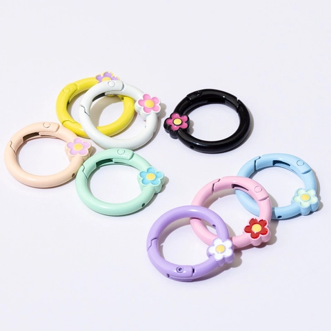 Alloy Round Spring Gate Ring Flower Decor DIY Jewelry Making Keychain Bag Accessory Connector Buckle Multi Colors