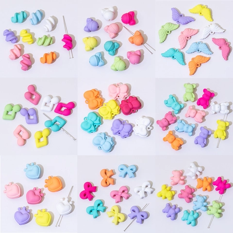 DIY Acrylic Beads Macaron Color Cartoon Bear Flower Heart Letter Number Hole Beads For Jewelry Making Keychain Accessories