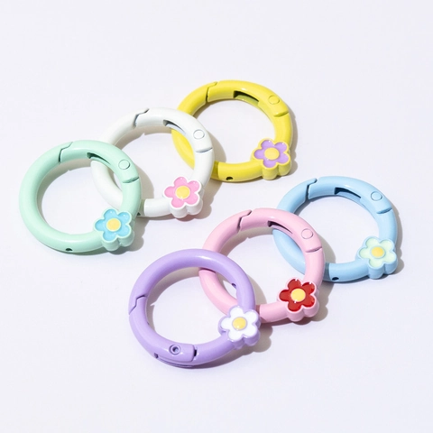 Alloy Round Spring Gate Ring Flower Decor DIY Jewelry Making Keychain Bag Accessory Connector Buckle Multi Colors