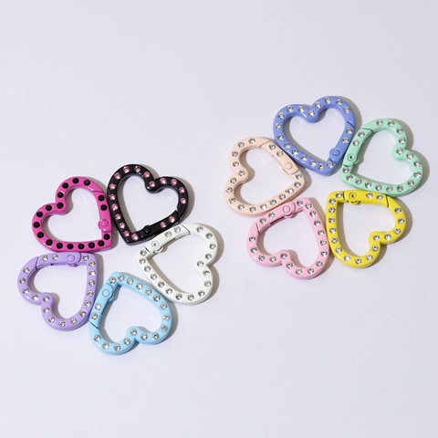 Heart Shape Rhinestone Spring Buckle Alloy Paint Open Ring For DIY Keychain Bag Accessories Jewelry Making Connection Ring