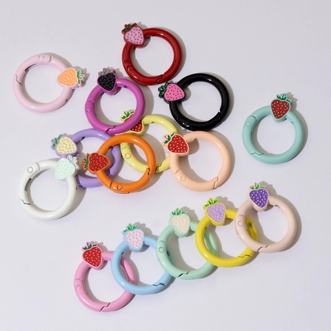Colorful Strawberry Enamel Painted Alloy Spring Clasp Round Open Ring For DIY Keychain Bag Charm Jewelry Making Accessory