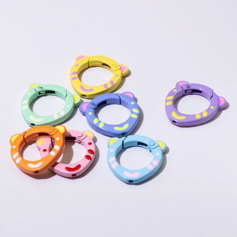 Cartoon Tiger Bear Shape Alloy Lacquered Spring Buckle Round Open Ring For DIY Keychain Bag Accessories Connector Charm