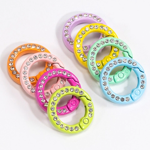 Alloy Rhinestone Round Spring Clasp Candy Color Pave DIY Keychain Ring Bag Hanging Buckle Jewelry Findings Accessories