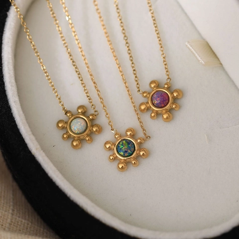 Sunflower Starburst Pendant Necklace And Stud Earrings Titanium Steel 18K Gold Plated Faux Opal Fire Color Jewelry