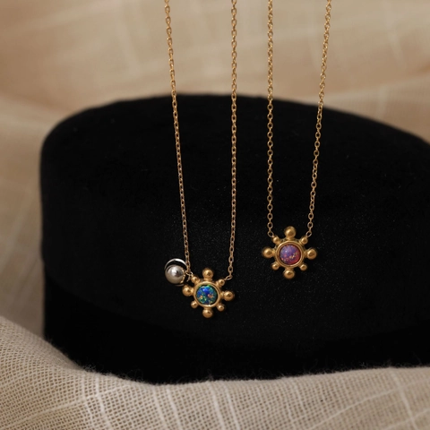 Sunflower Starburst Pendant Necklace And Stud Earrings Titanium Steel 18K Gold Plated Faux Opal Fire Color Jewelry