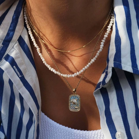 Tarotkarten Marine Anhänger Halskette Damen Kupfer Gold Plattiert Emaille Seepferdchen Delfin Palme Zirkonia Schmuck
