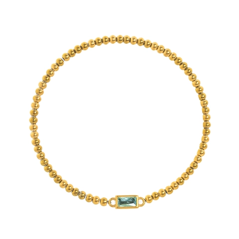 Minimalist Stainless Steel Gold Plated Birthstone Bracelet For Women Round Bead Chain With Rectangular Rhinestone Monthly Jewelry Gift