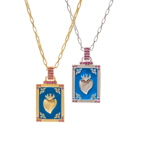 Vintage Copper Enamel Heart Tarot Card Pendant Necklace For Men Women Gold Silver Plated Sacred Heart Rhinestone Paperclip Chain Jewelry