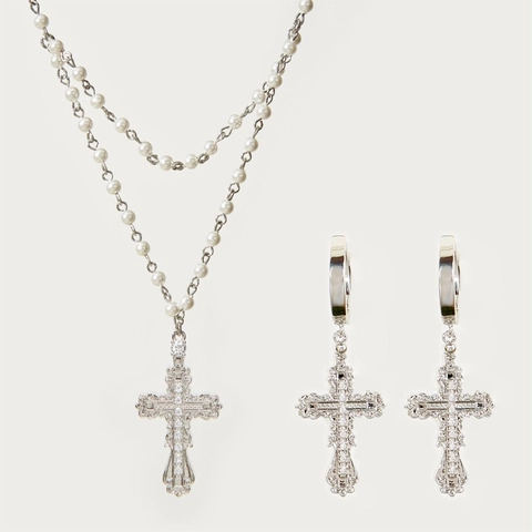 Gothic Barok Kruis Hanger Ketting Oorbellen Sieradenset Met Kunstparels Koper Zirconia Goud Zilver Verguld Voor Vrouwen