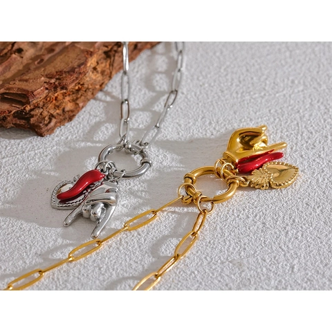Multi Charm Necklace Bracelet Copper Enamel Cornicello Red Chili Rock Hand Sacred Heart Horseshoe Jewelry For Women