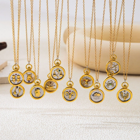 18K Gold Plated Copper 12 Zodiac Necklace Vintage Bicolor Round Stamp Pendant Zirconia Fashion Jewelry Gift For Women