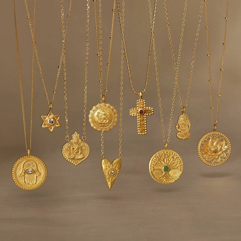 Vintage 18K Verguld Titaniumstaal Hanger Halsketting Voor Dames Levensboom Lotus Ganesha Hexagram Boheemse Sieraden