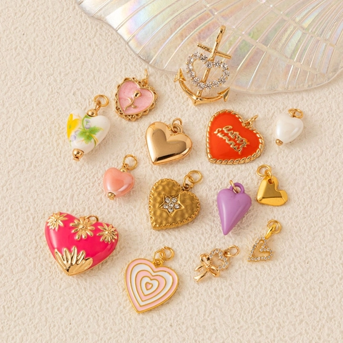 DIY Jewelry Charms For Necklace Bracelet Making Copper Gold Plated Heart Bow Flower Enamel Rhinestone Artificial Pearl Pendants