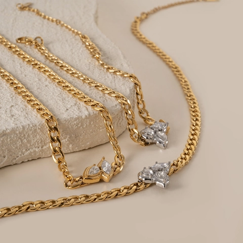 Curb Kette Halskette Armband Fußkettchen 18K Vergoldet Edelstahl Marquise Zirkon Eleganter Modeschmuck Für Frauen