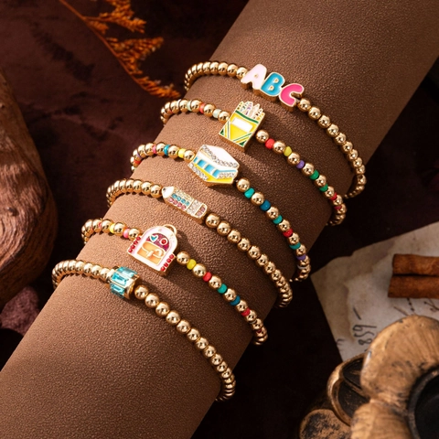 Kids Gold Plated Metal Beaded Bracelet With ABC Letter Pencil School Bus Enamel Charms Cute Rhinestone Jewelry For Girls